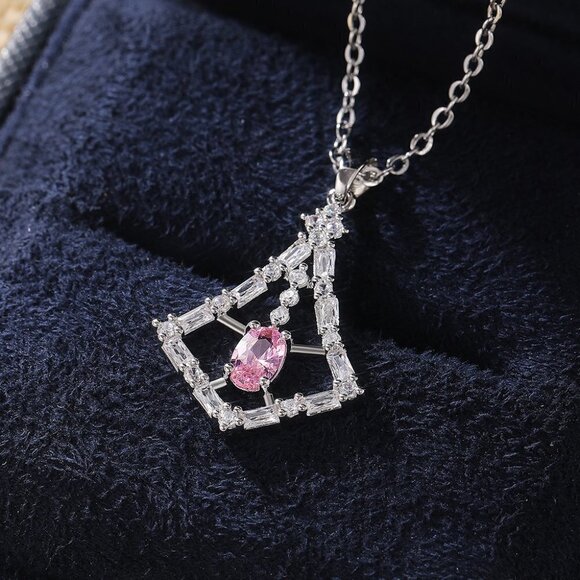 💎 "Unique Design Dainty Pink Oval Hollow Pendant Necklace for Women, INDN8635 - Picture 2 of 3